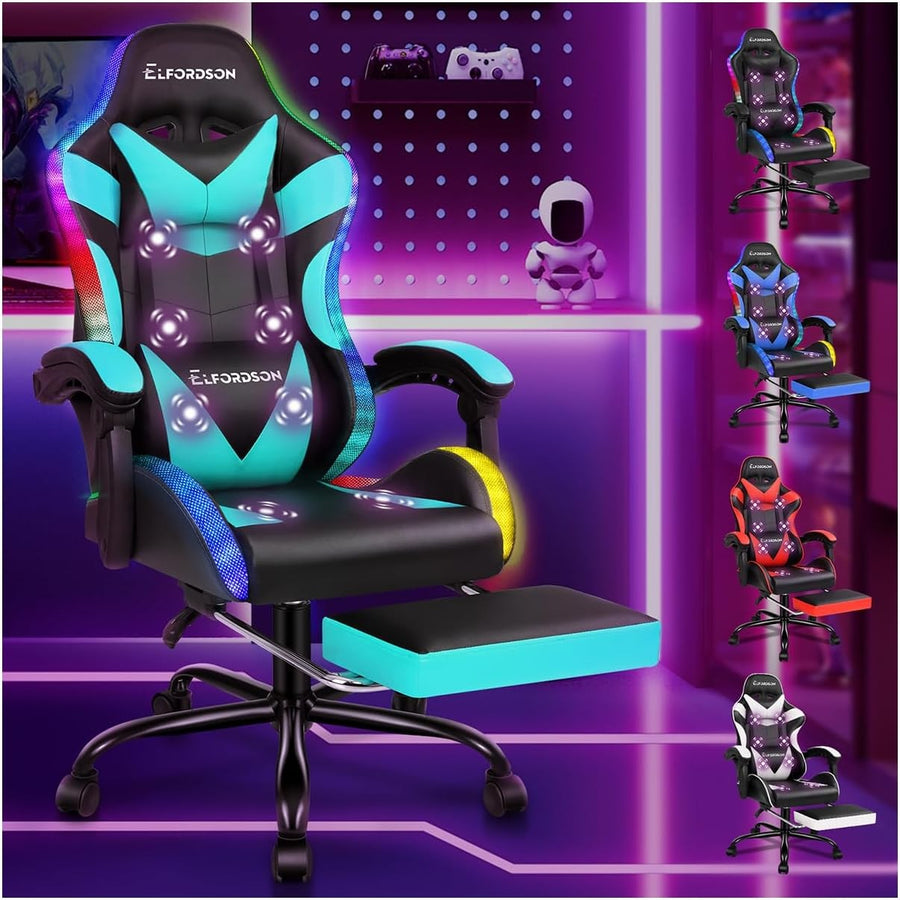 Cyan LED Gaming Chair RGB 8-Point Massage Recliner w/ Footrest