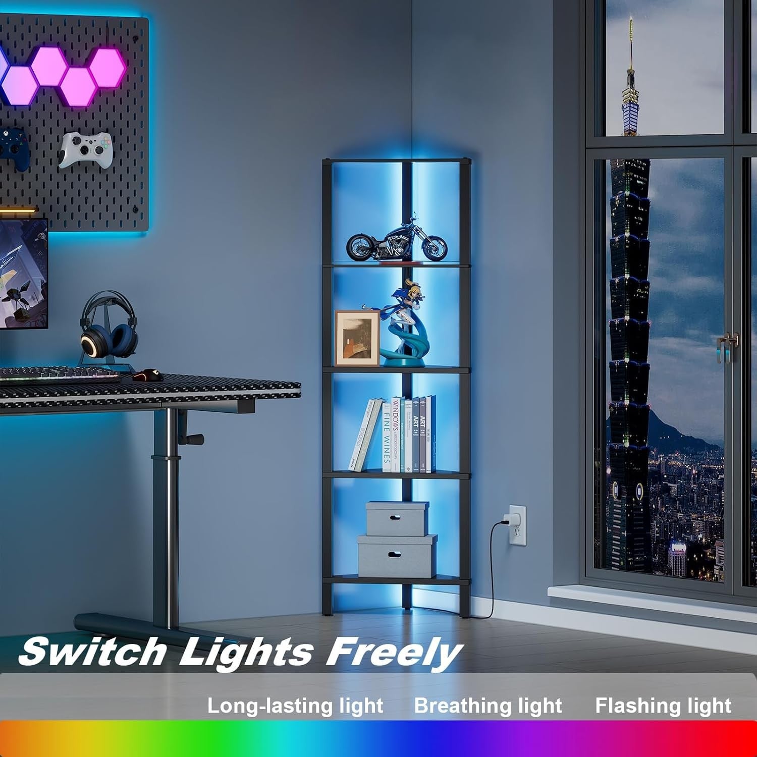 5-Tier Corner Bookshelf with LED Lights Slim Display Storage Unit for Small Spac
