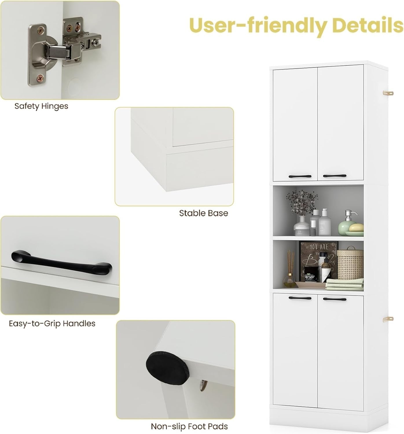 190cm Tall Kitchen Cupboard White 4 Doors Open & Closed Storage Cabinet