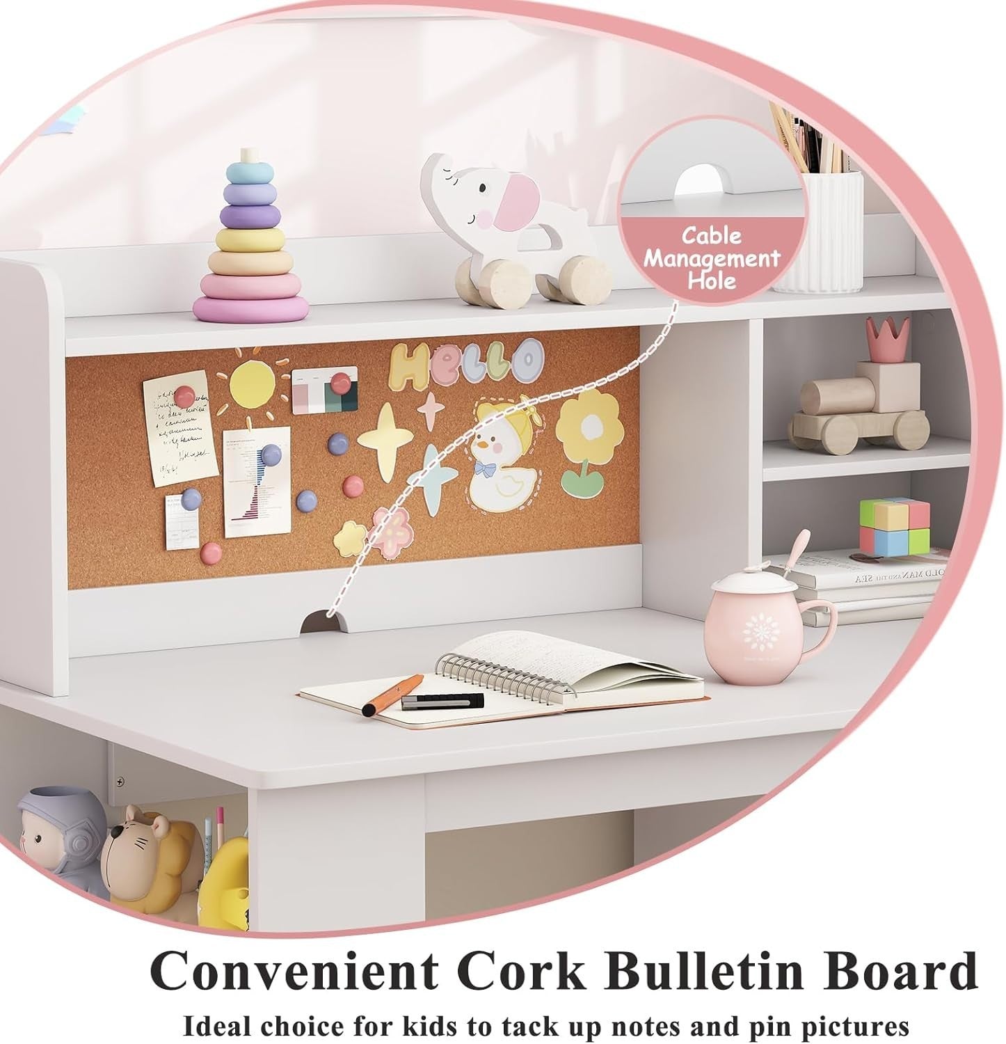 Kids Study Desk & Chair Set Wooden Children’s Table w/ Storage Shelf Pink White
