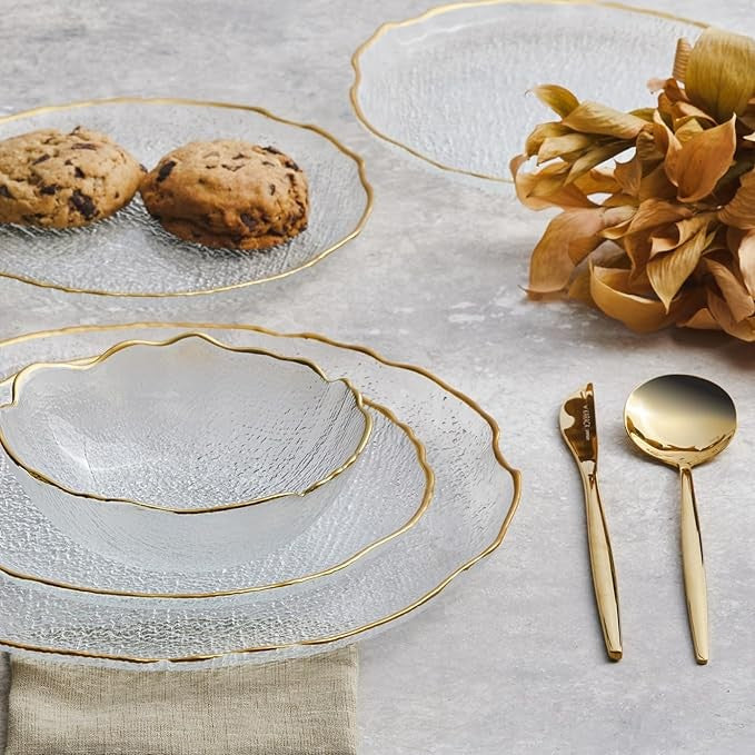 12 Piece Glass Dinnerware Set for 4 Gold Rim Plates Bowls Luxury Tableware