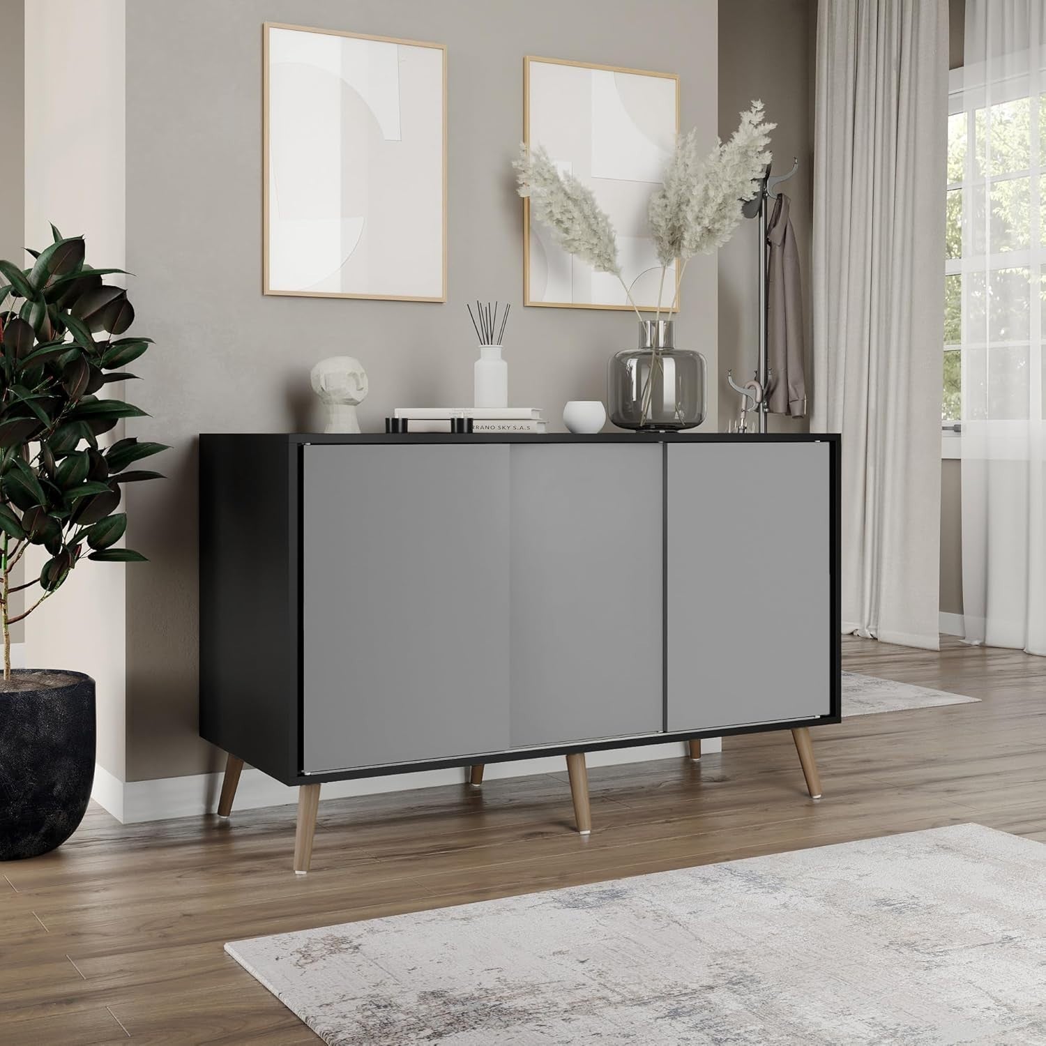 120cm Sliding Door Sideboard Cabinet with Pine Legs, Modern Storage Unit