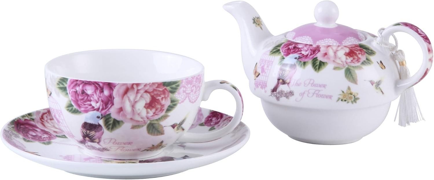 Tea for One Teapot Cup Saucer Set Bird Rose Butterfly Gift Box Floral