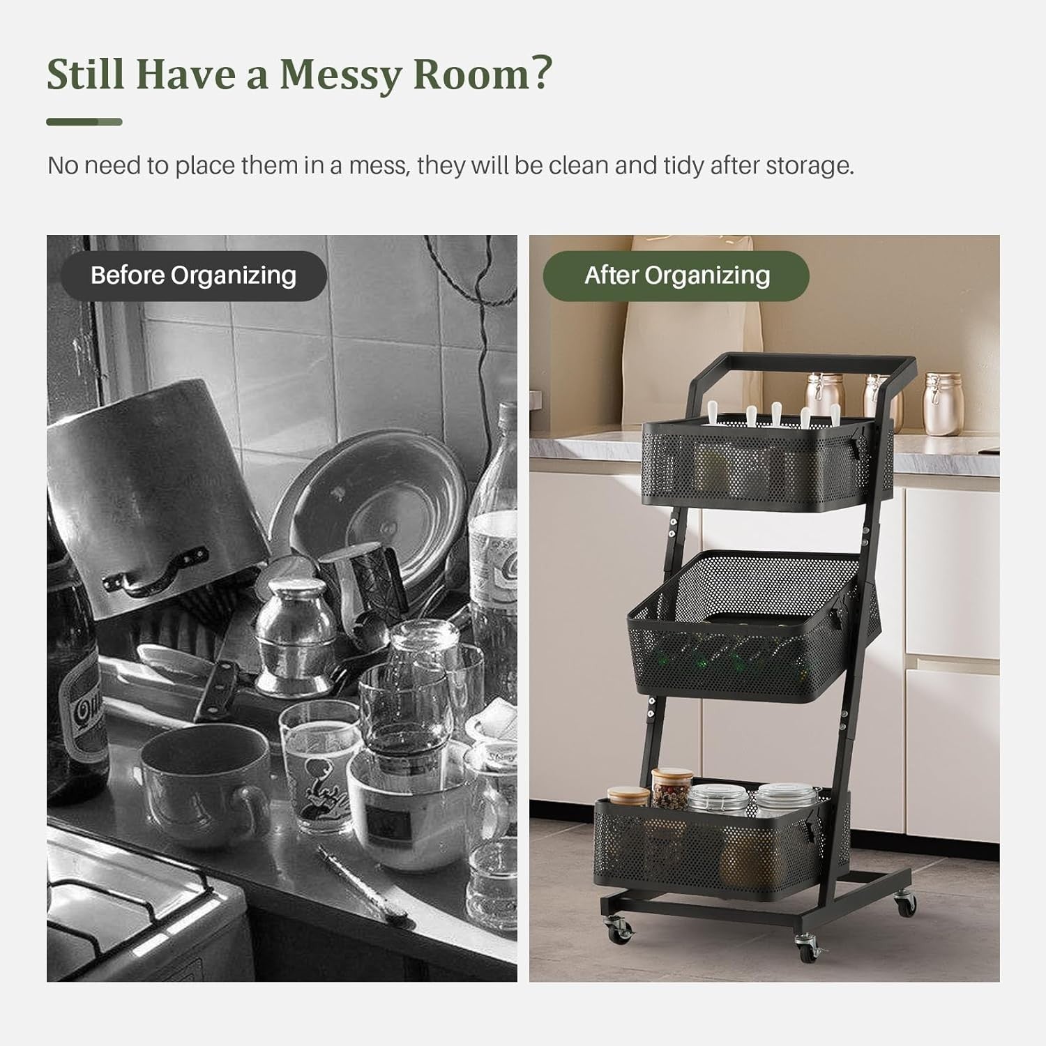 3 Tier Rolling Storage Trolley Metal Basket Organizer with Wheels Black