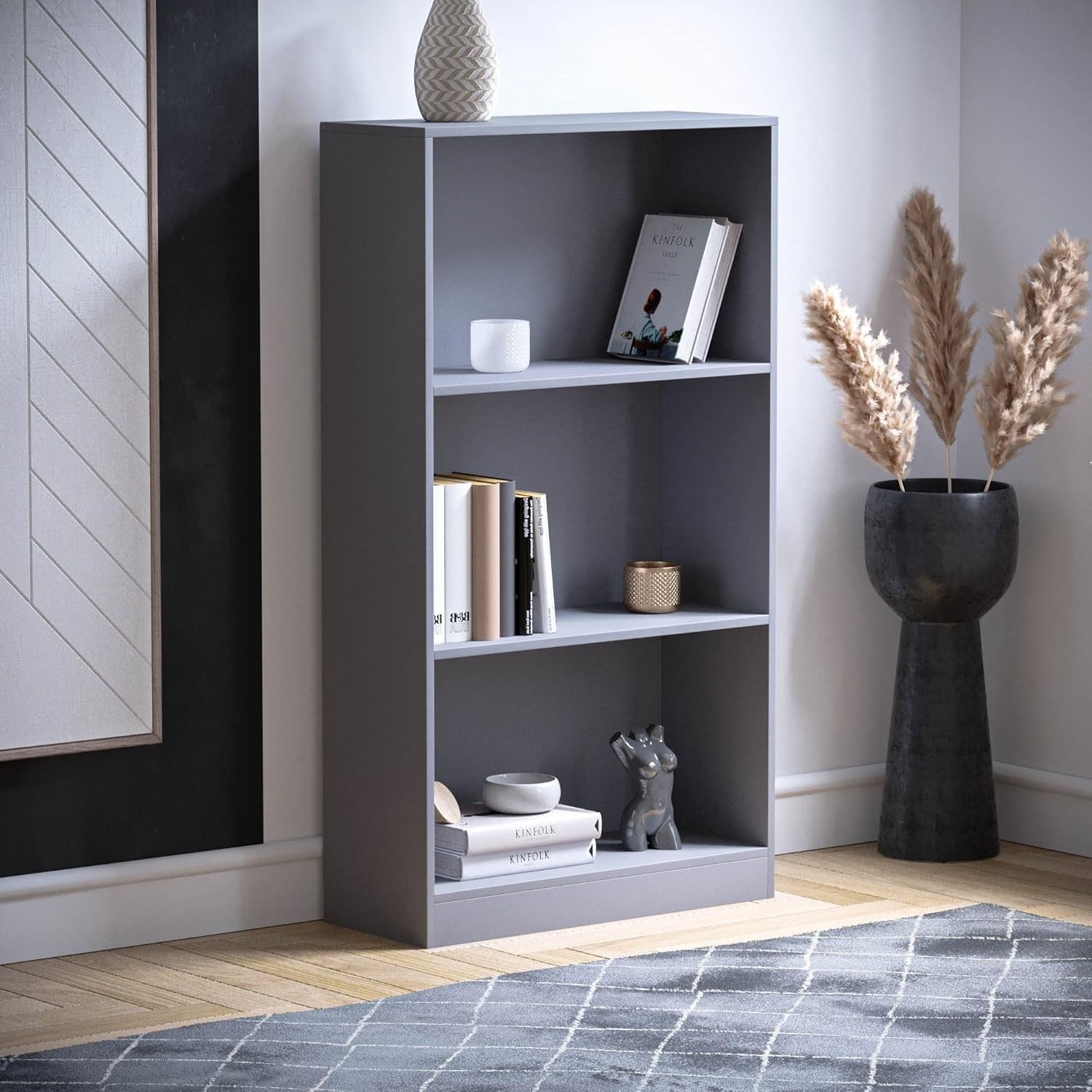 3 Tier Grey Wooden Bookcase Modern Storage Display Shelf for Living Room Medium