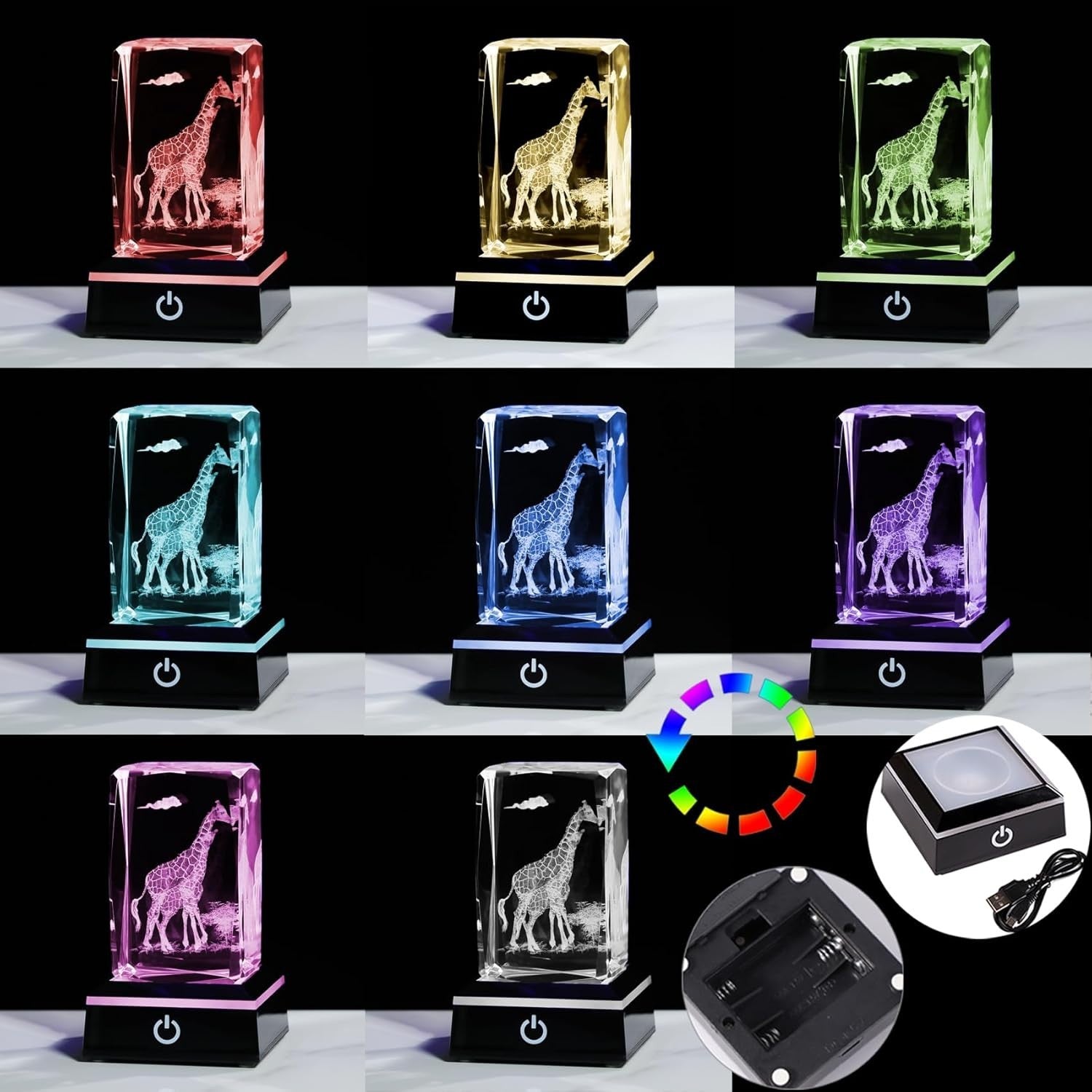 3D Crystal Giraffe Ornament LED Light • Mother & Baby Keepsake Animal Gift Decor