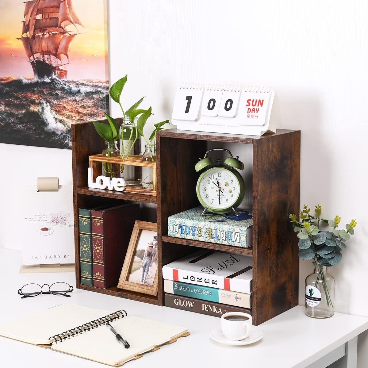 Adjustable Brown Desktop Bookshelf 3-Tier Desk Organizer Storage Shelf