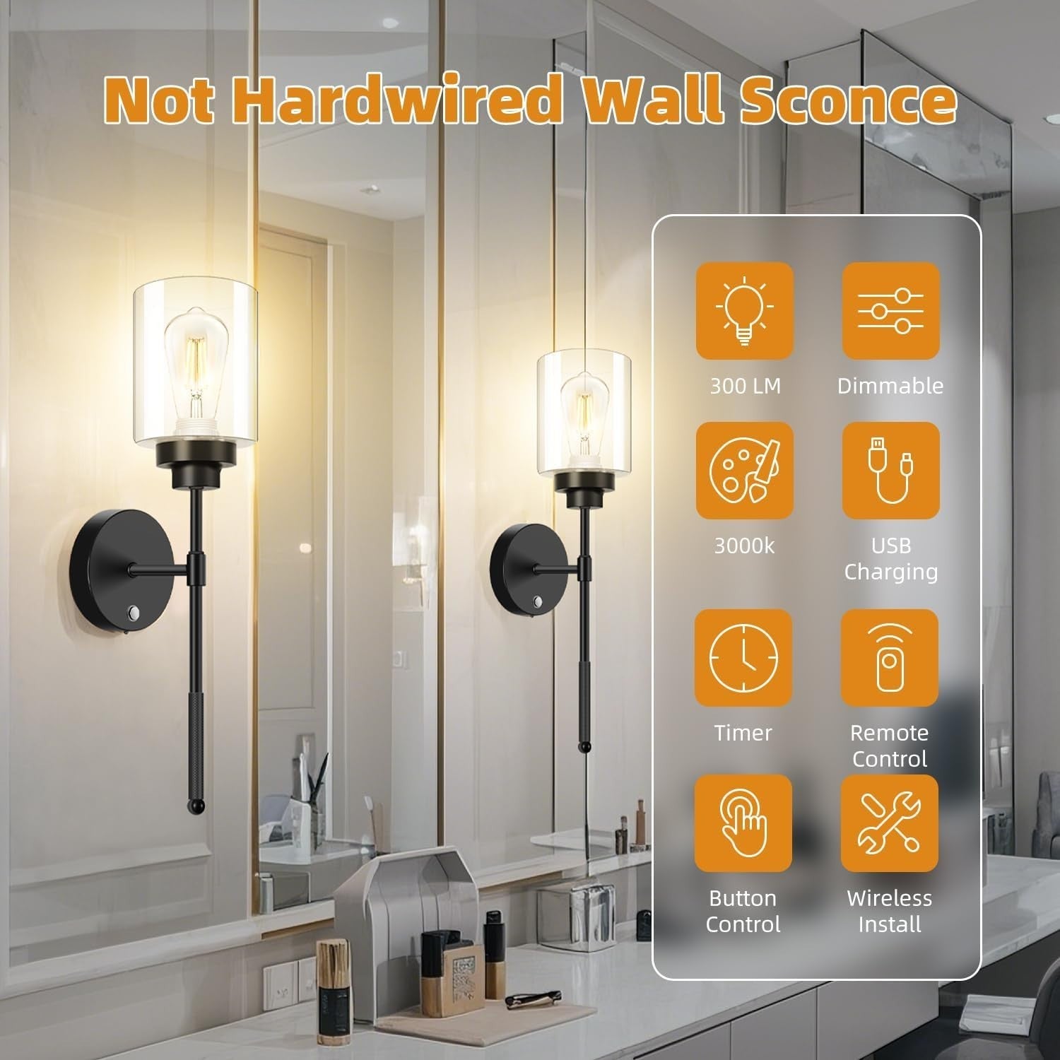 Wireless Battery Operated Wall Sconce Set of 2 with Remote, Dimmable, Black