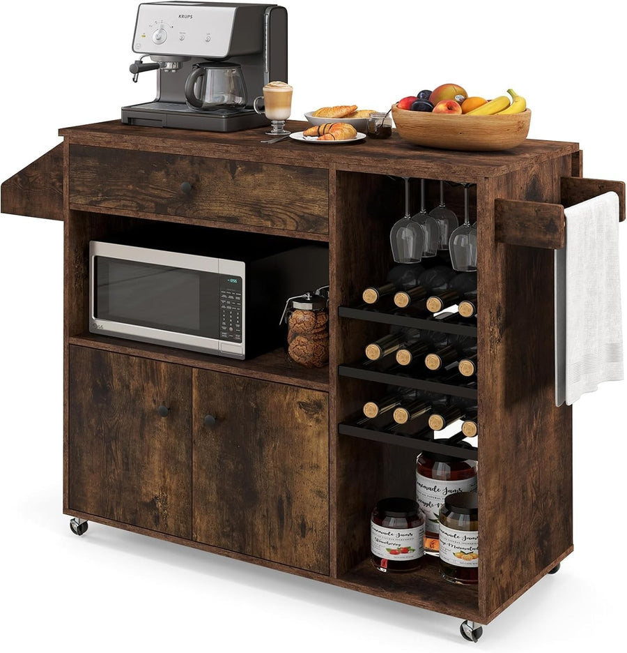Kitchen Island Trolley Drop Leaf Wine Rack Rustic