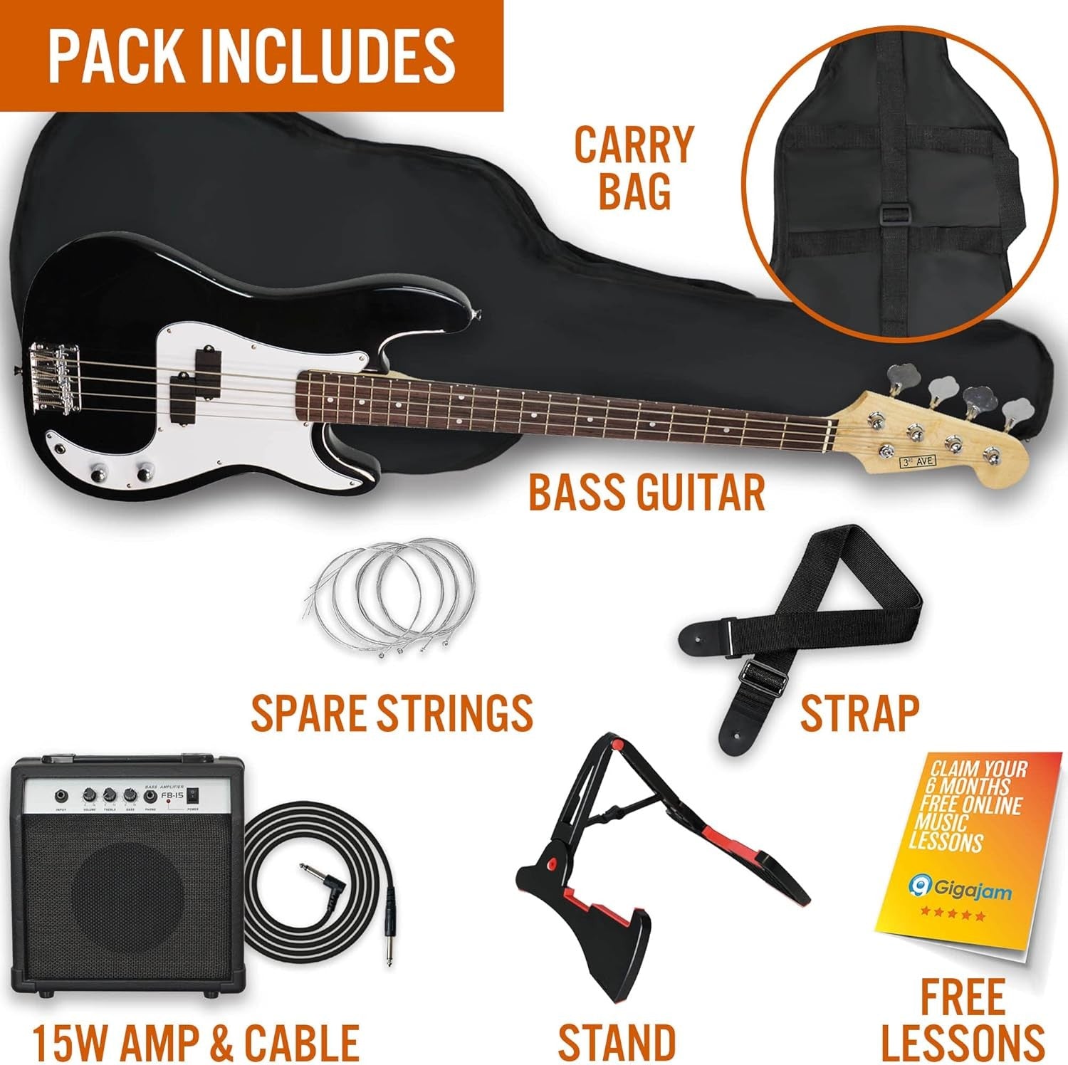 Full Size 4/4 Electric Bass Guitar Kit 15W Amp Bag Stand Black