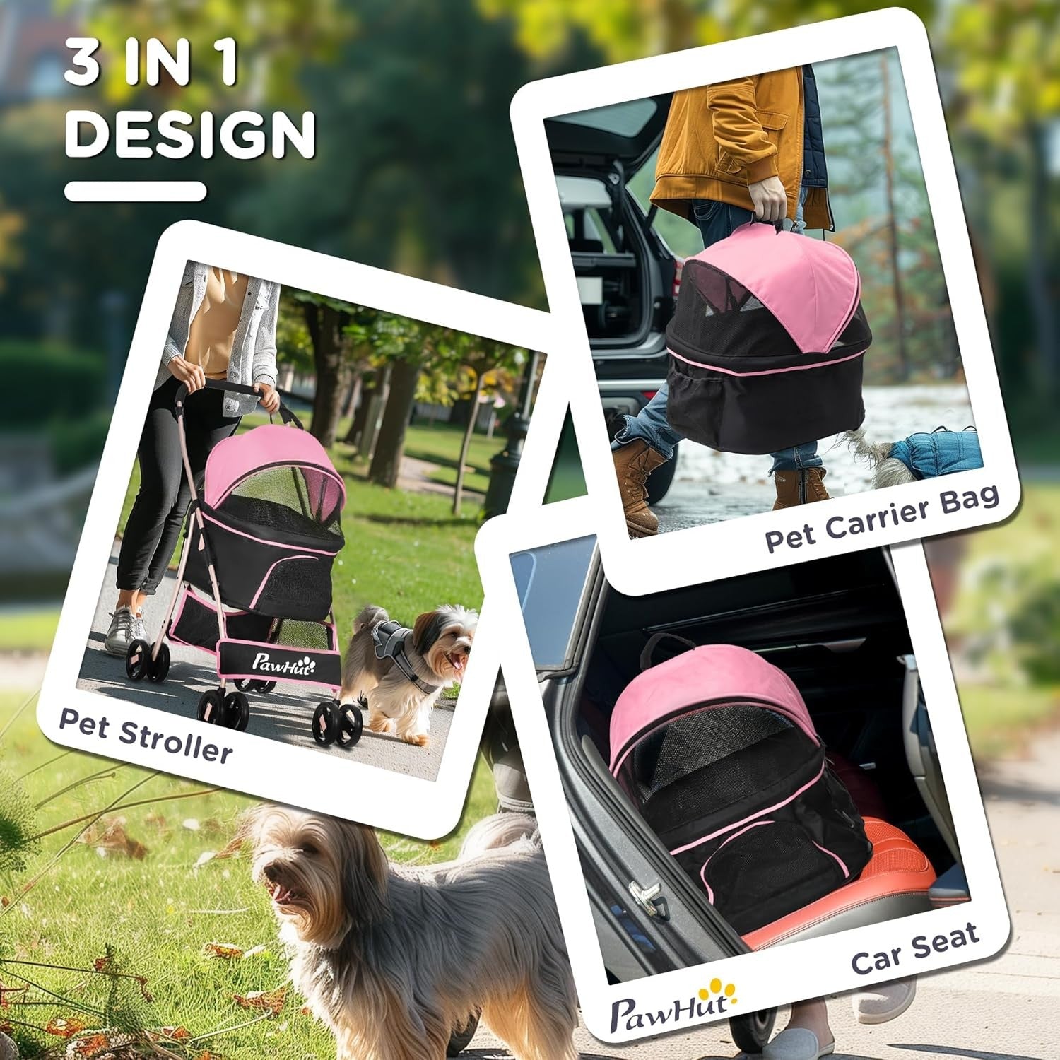 3 in 1 Pet Stroller Dog Pushchair Detachable Carrier Brakes Small Dogs