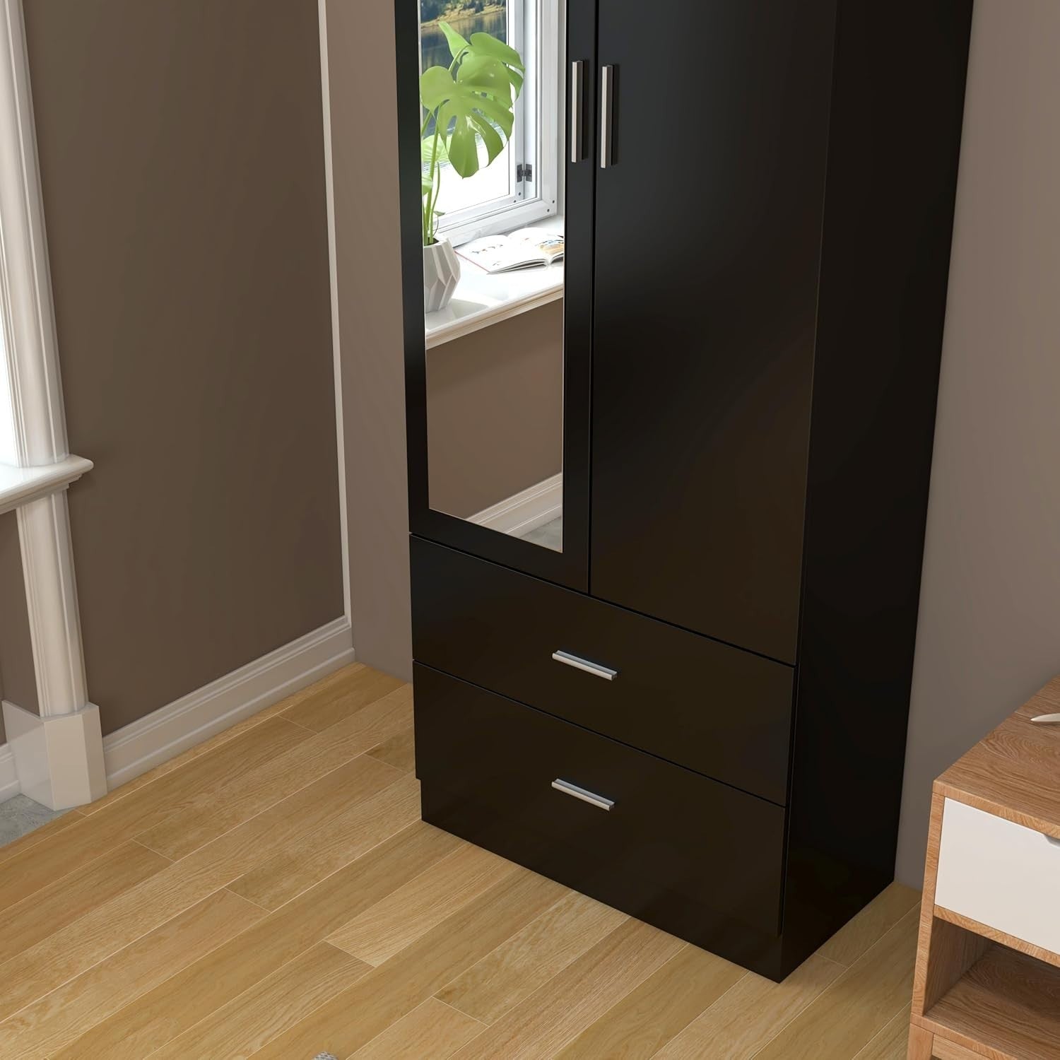 Black Mirrored 2 Door Wardrobe with Hanging Rail & Drawers - Modern Storage