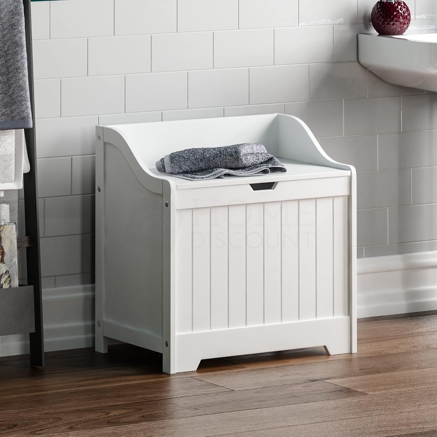 Bathroom Laundry Cabinet Storage Chest with Wooden Basket White MDF