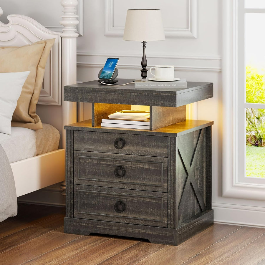 LED Bedside Table with Hidden Drawer, Wireless Charging & Rustic Storage