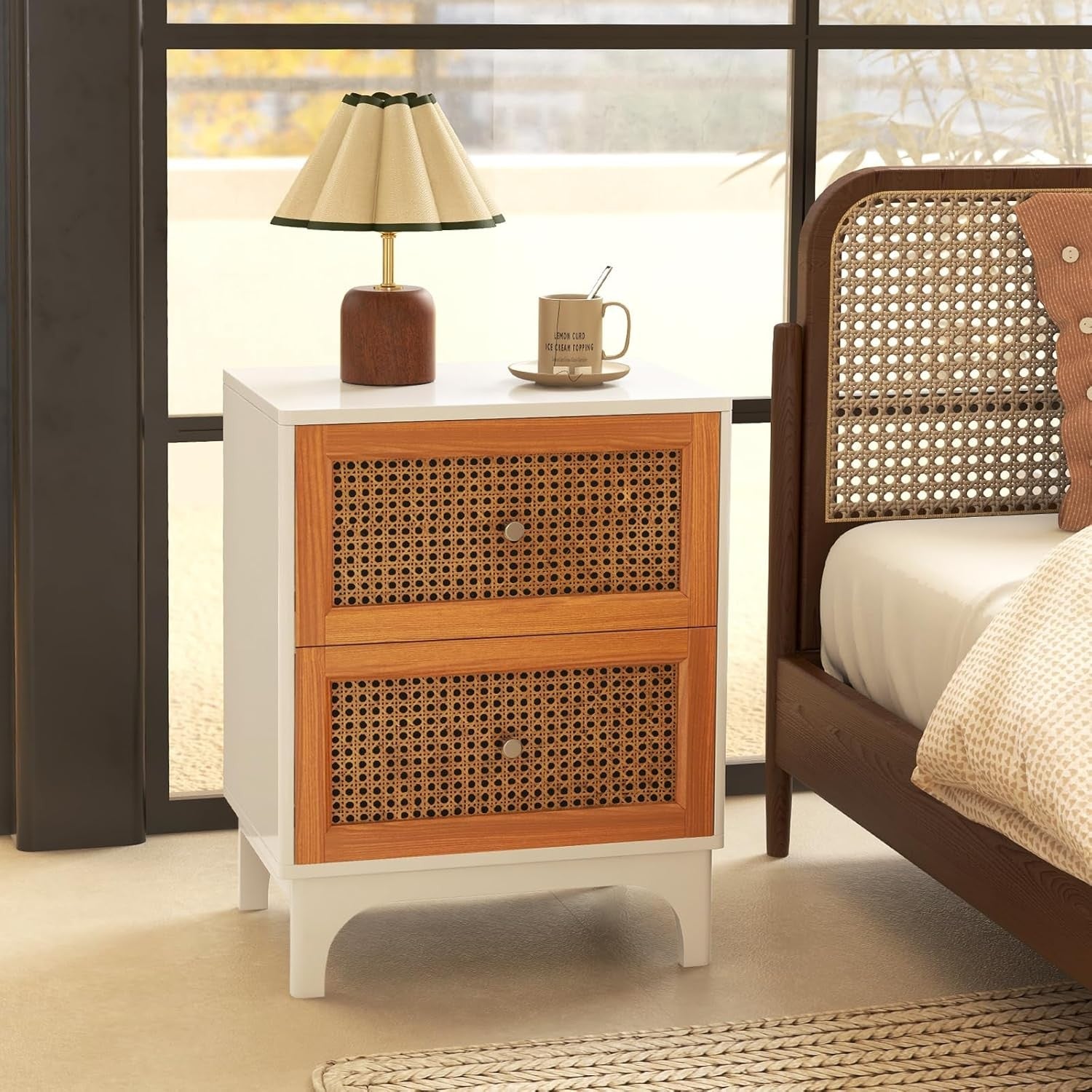 Modern Rattan Bedside Tables Set of 2 with Drawers | Wood Storage Nightstands