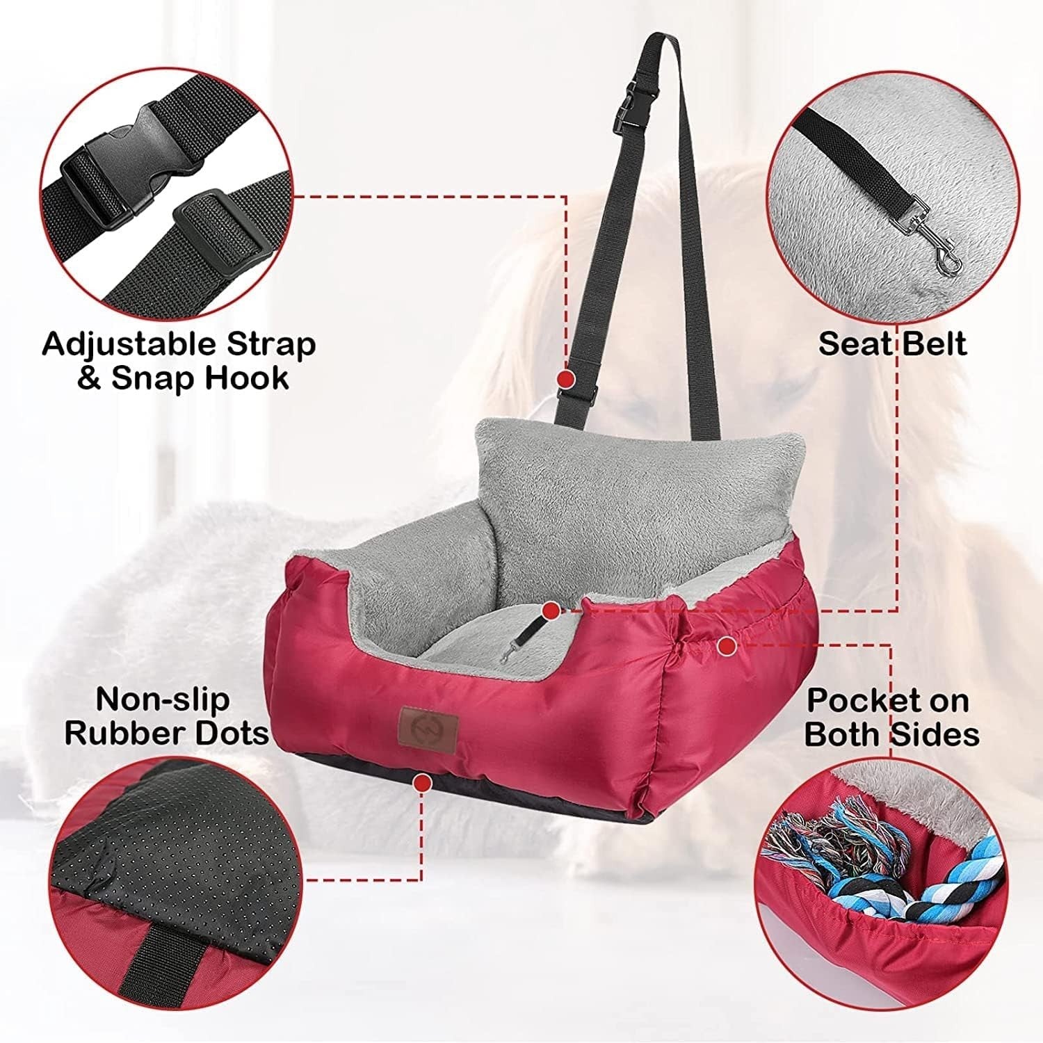 Waterproof Dog Car Booster Seat Plush Travel Bed Safety Leash Red