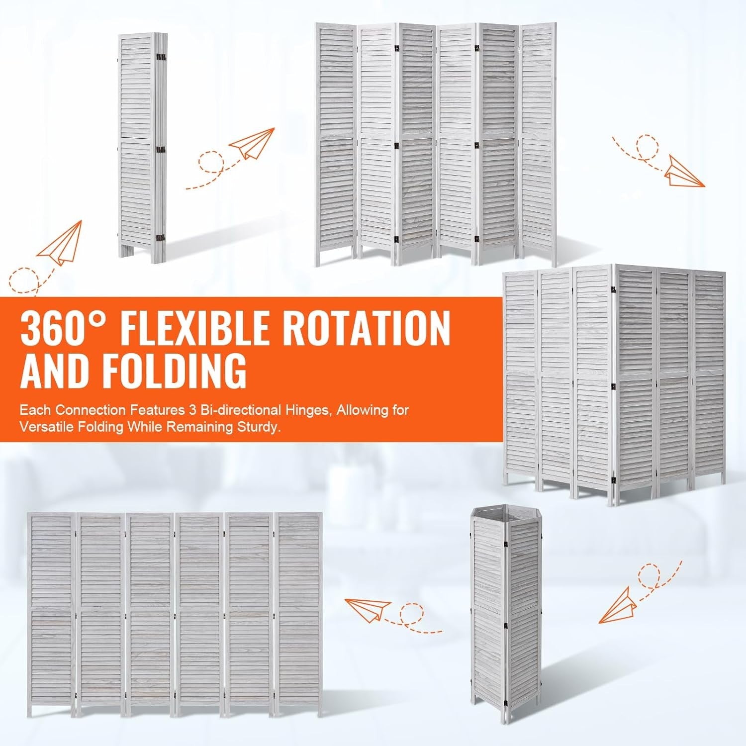 6 Panel Wooden Folding Room Divider Light Grey Privacy Screen 242x170cm