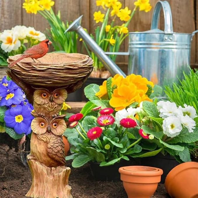 Owl Resin Bird Bath & Feeder – Waterproof Garden Ornament Yard Decor