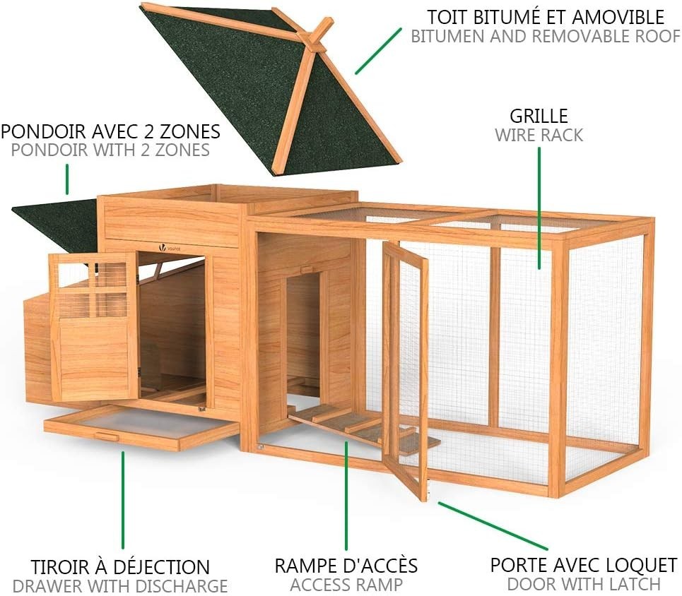 Wooden Chicken Coop with Run Double Nest Box Easy Clean Hutch 2–3 Hens