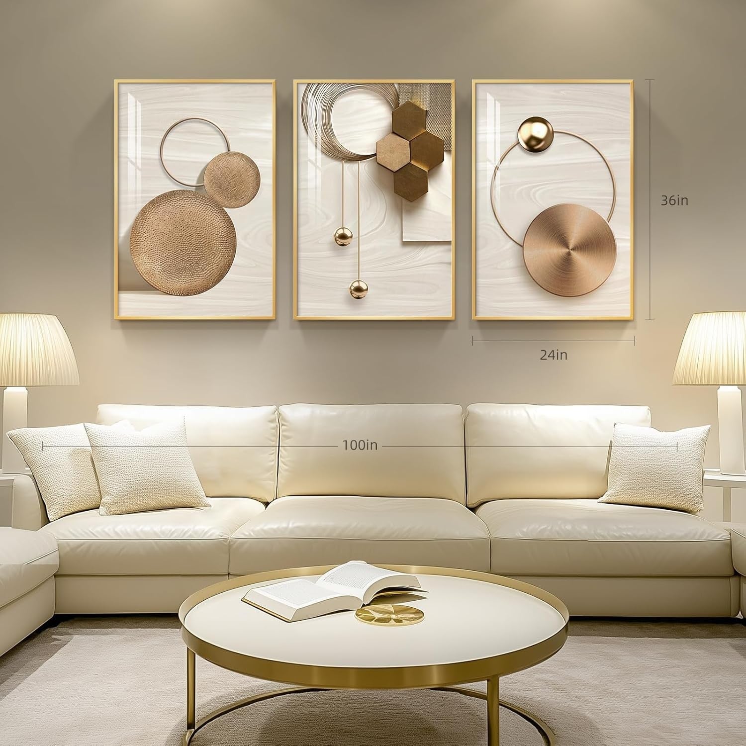 Large Framed Gold Abstract Wall Art 3 Panel 24x36in Luxury Set