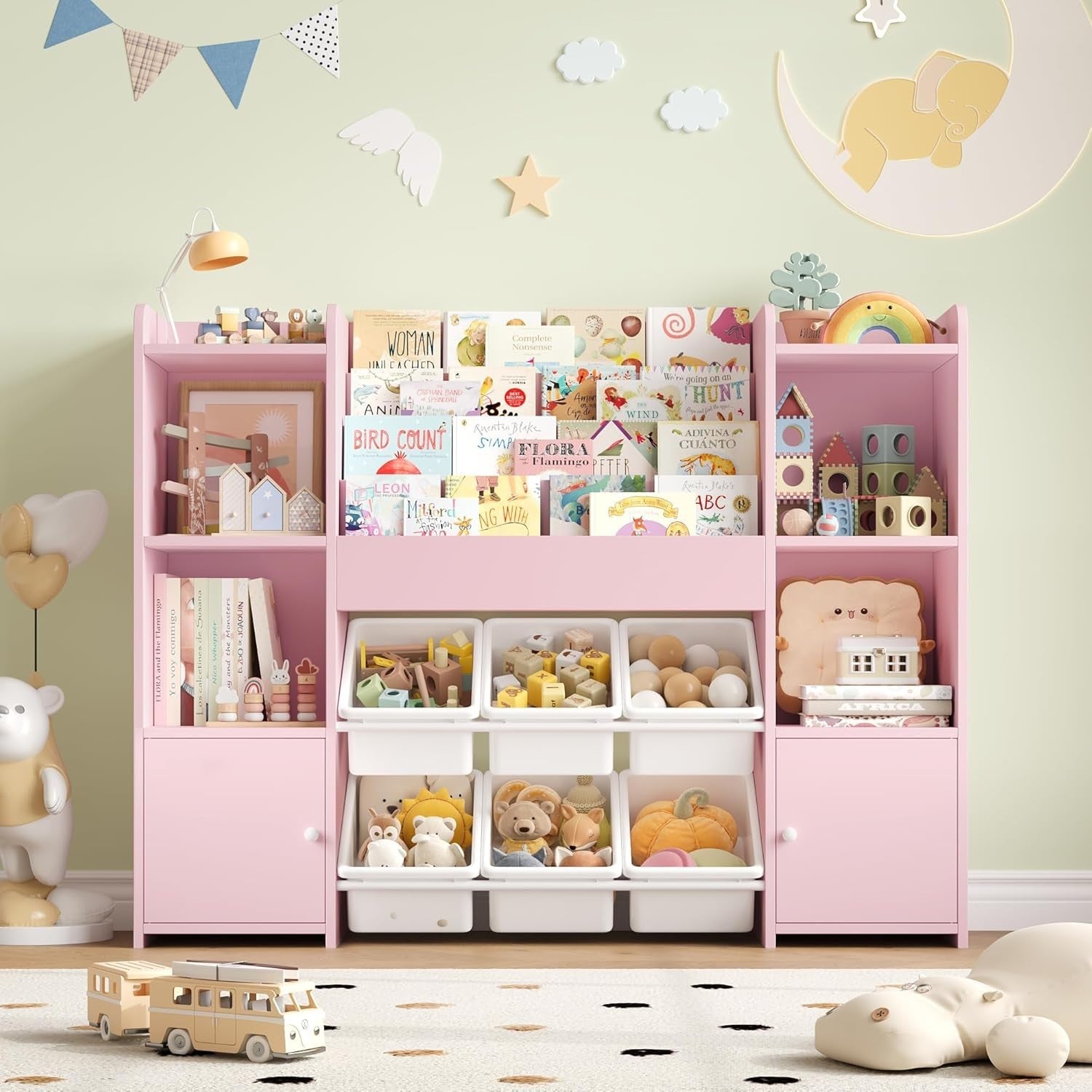 Large Kids Toy Storage Bookshelf with 6 Boxes & 4 Tier Shelves for Playroom Pink