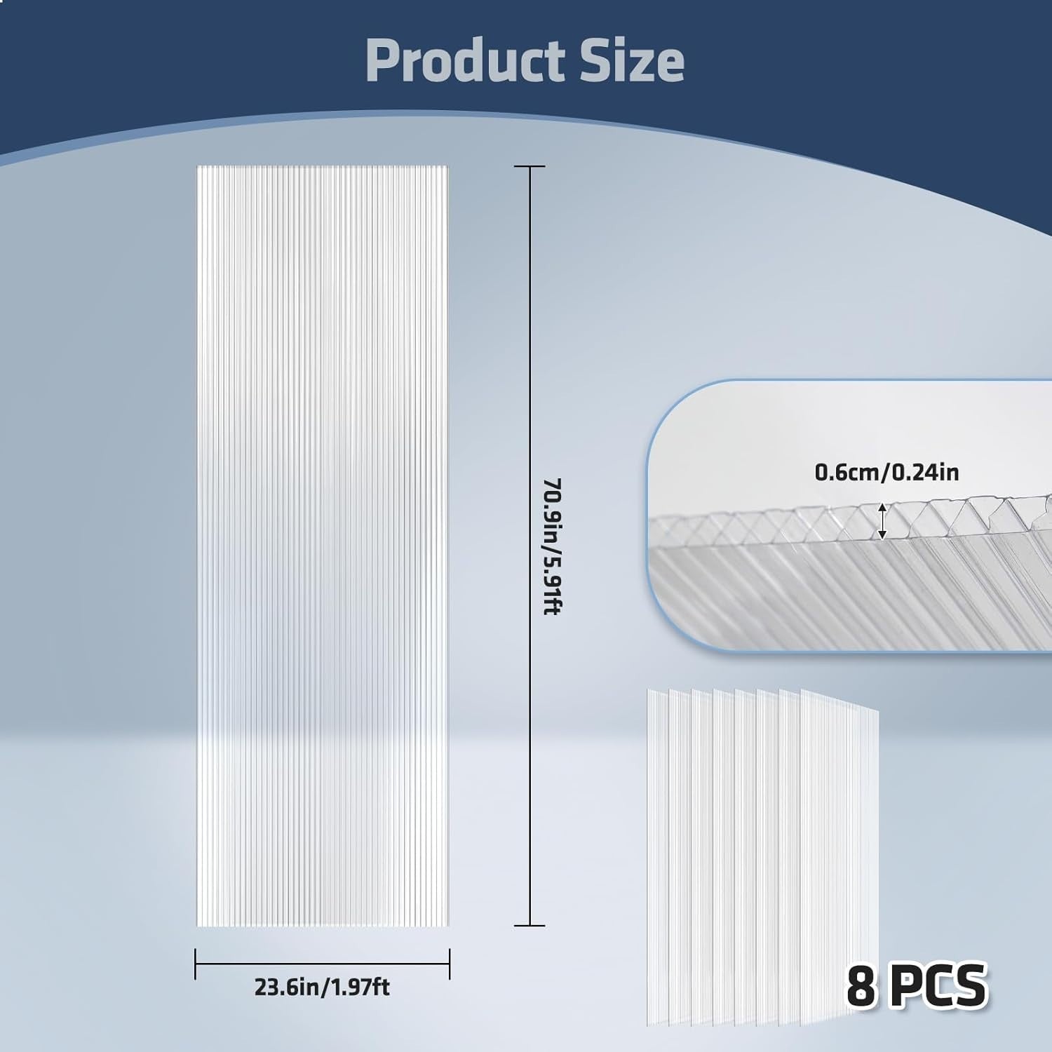 8 Pack 6x2ft Polycarbonate Twin-Wall Greenhouse Panels UV Waterproof Sheets
