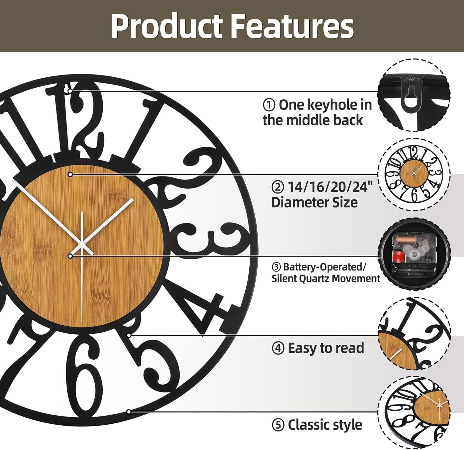 Large 32IN Silent Wall Clock - Modern Wooden Metal Decor, Battery Operated
