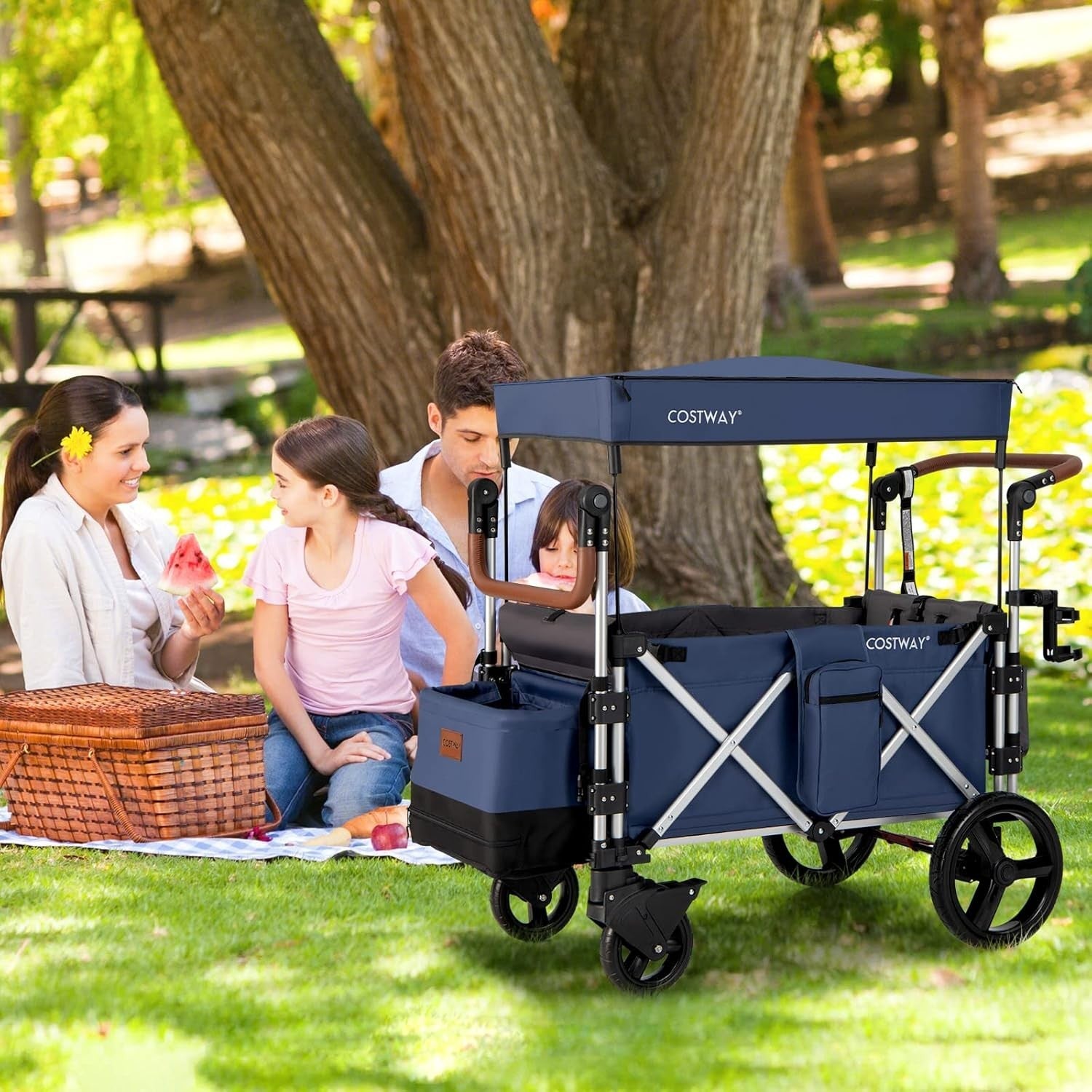 Navy Push Pull Stroller Wagon 2-Seater Folding Cart w/ Canopy 5-Point Harness