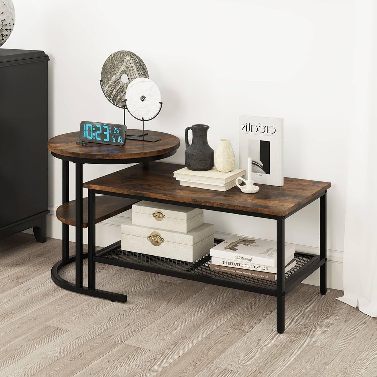 2-in-1 Coffee Table Set Large Round Side Table Rustic Industrial Metal Wood