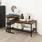 2-in-1 Coffee Table Set Large Round Side Table Rustic Industrial Metal Wood