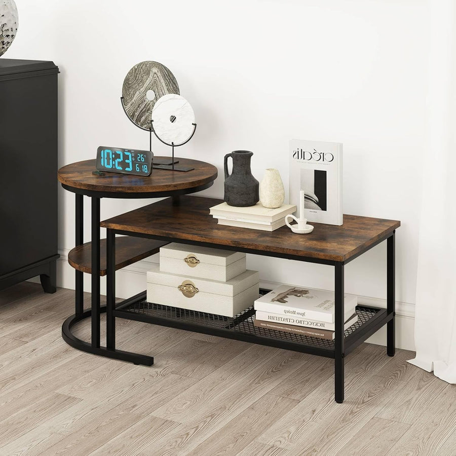2-in-1 Coffee Table Set Large Round Side Table Rustic Industrial Metal Wood