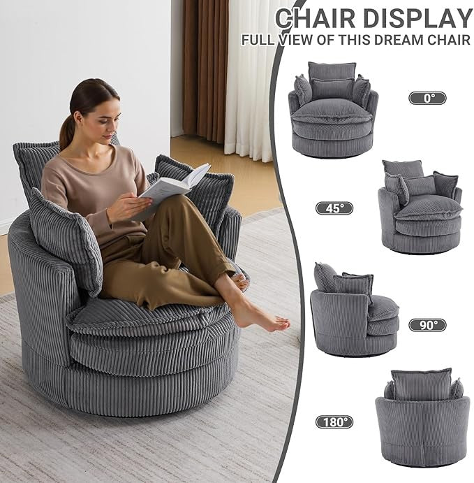 Grey Swivel Barrel Accent Chair 360° Rotating Cuddle Tub Sofa