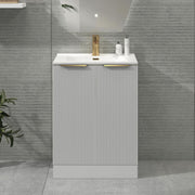 White 600mm Fluted Bathroom Vanity Unit  Basin & Brass Handles Modern