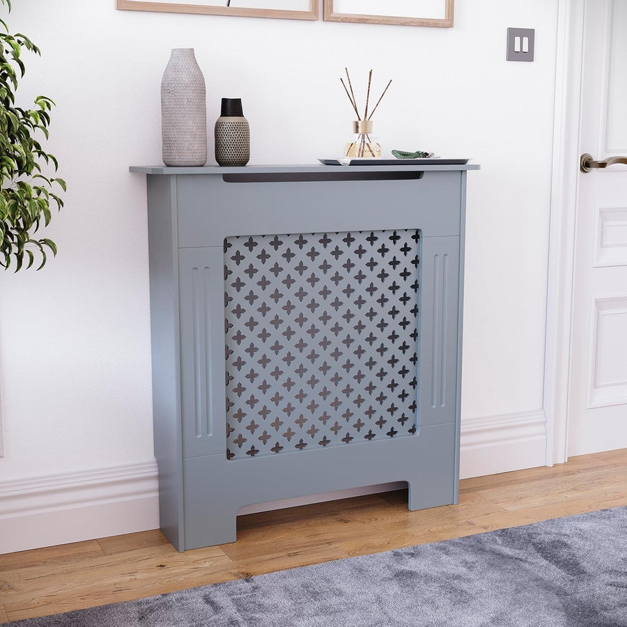 Small Grey Radiator Cover 82x78x19cm Modern Cross Pattern MDF Cabinet