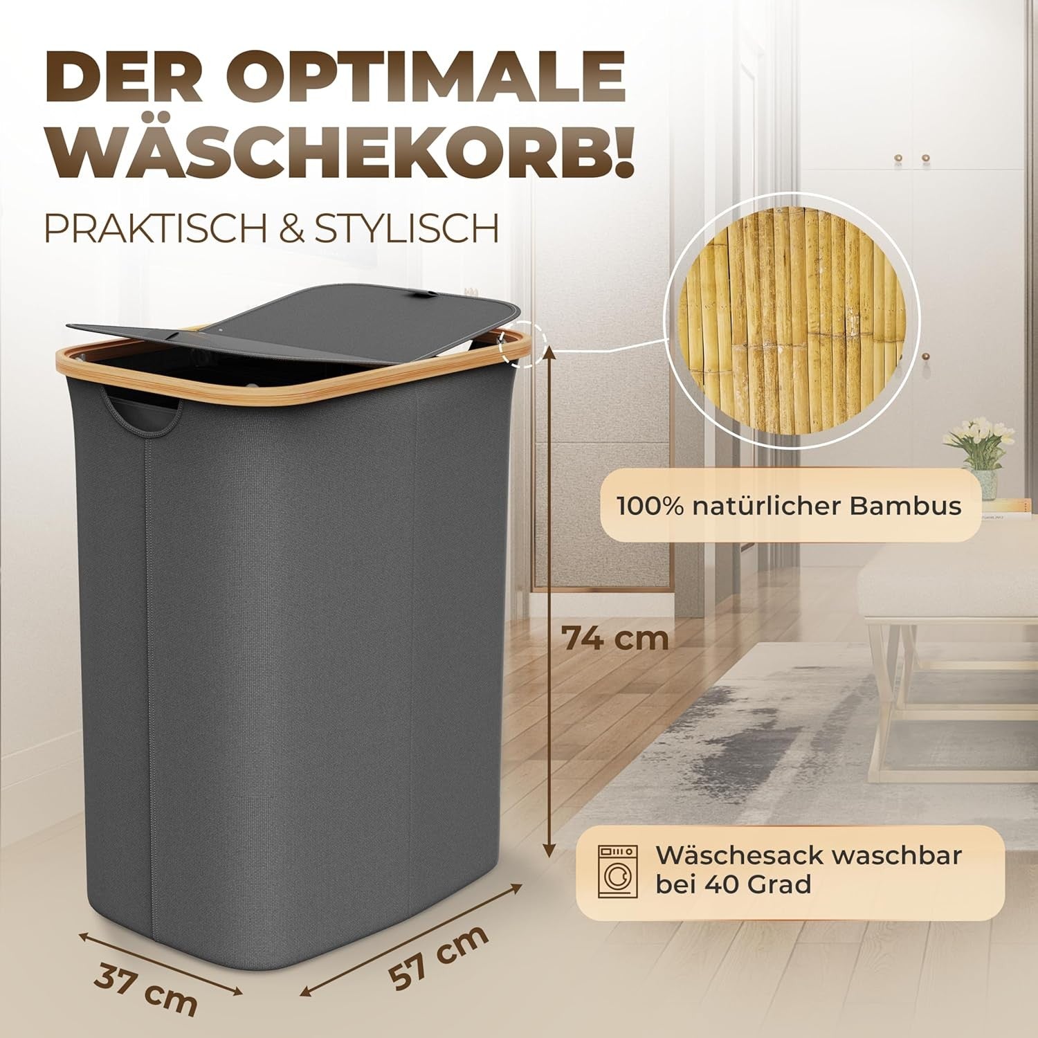 150L Foldable Laundry Hamper With Lid Large Bamboo Dark Grey Basket 2 Sections