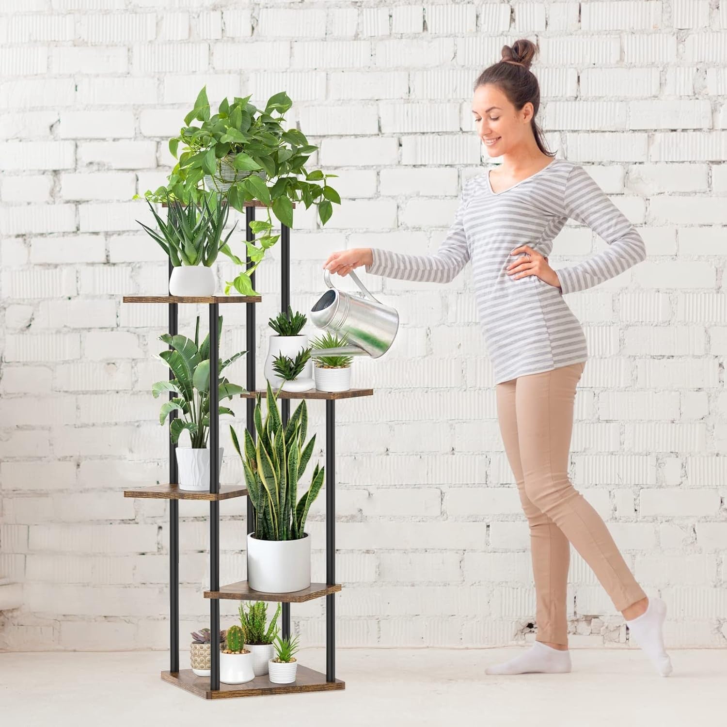 6 Tier Tall Metal Wood Plant Stand Indoor Outdoor Corner Display Rack Black