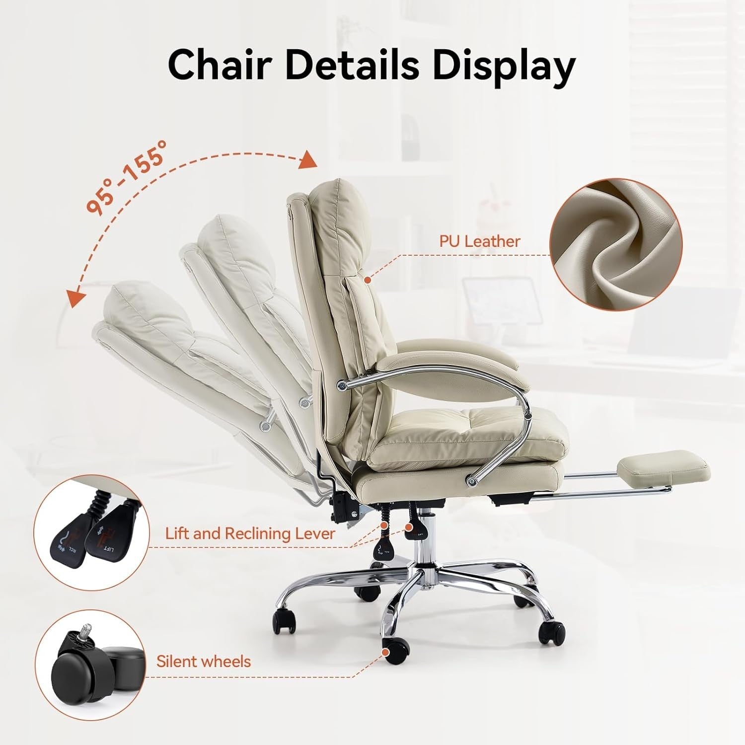 Office Chair Reclining Executive Desk Chair White PU Leather w/ Footrest