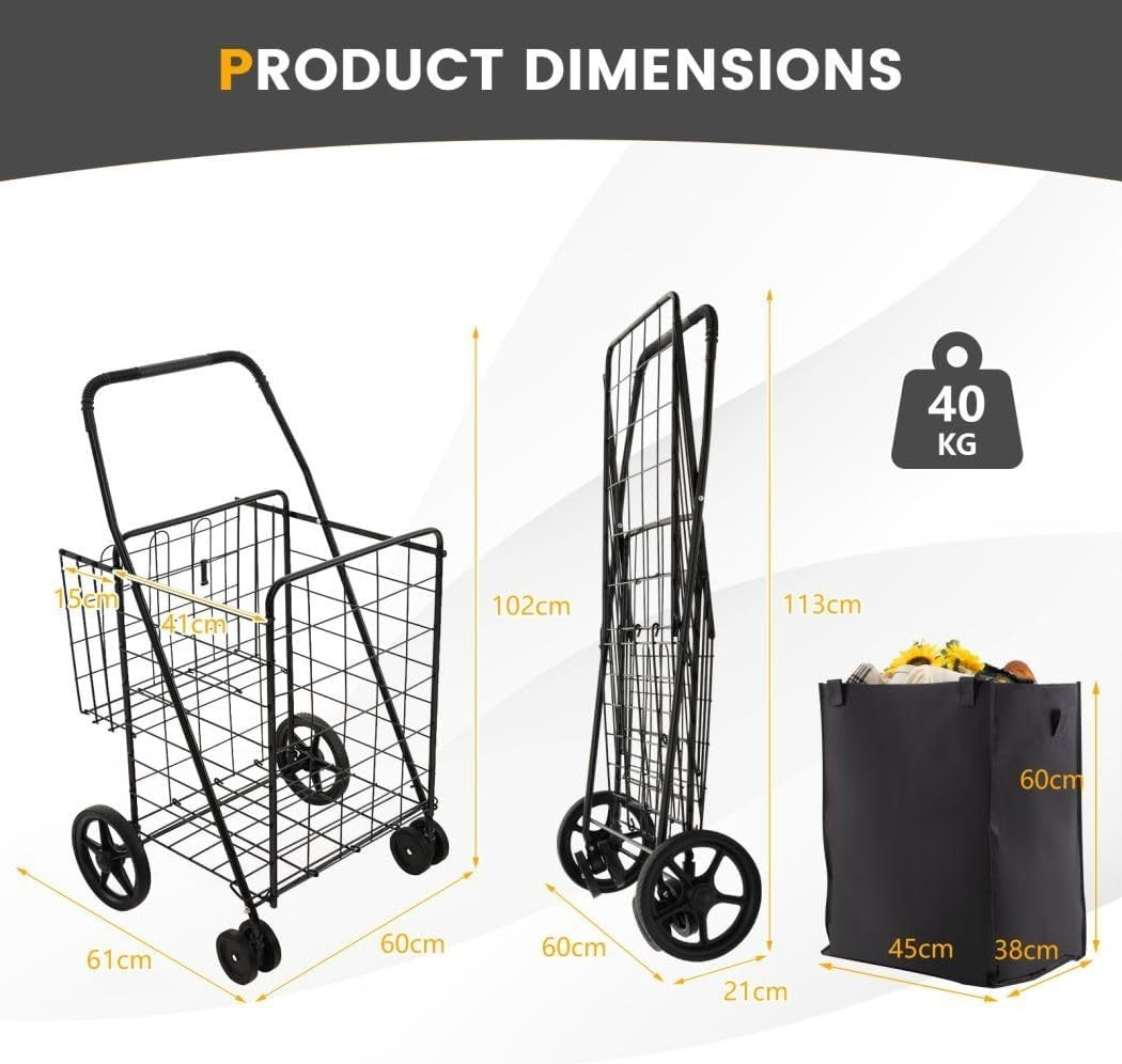 Foldable Shopping Cart On Wheels Heavy Duty Grocery Trolley Basket