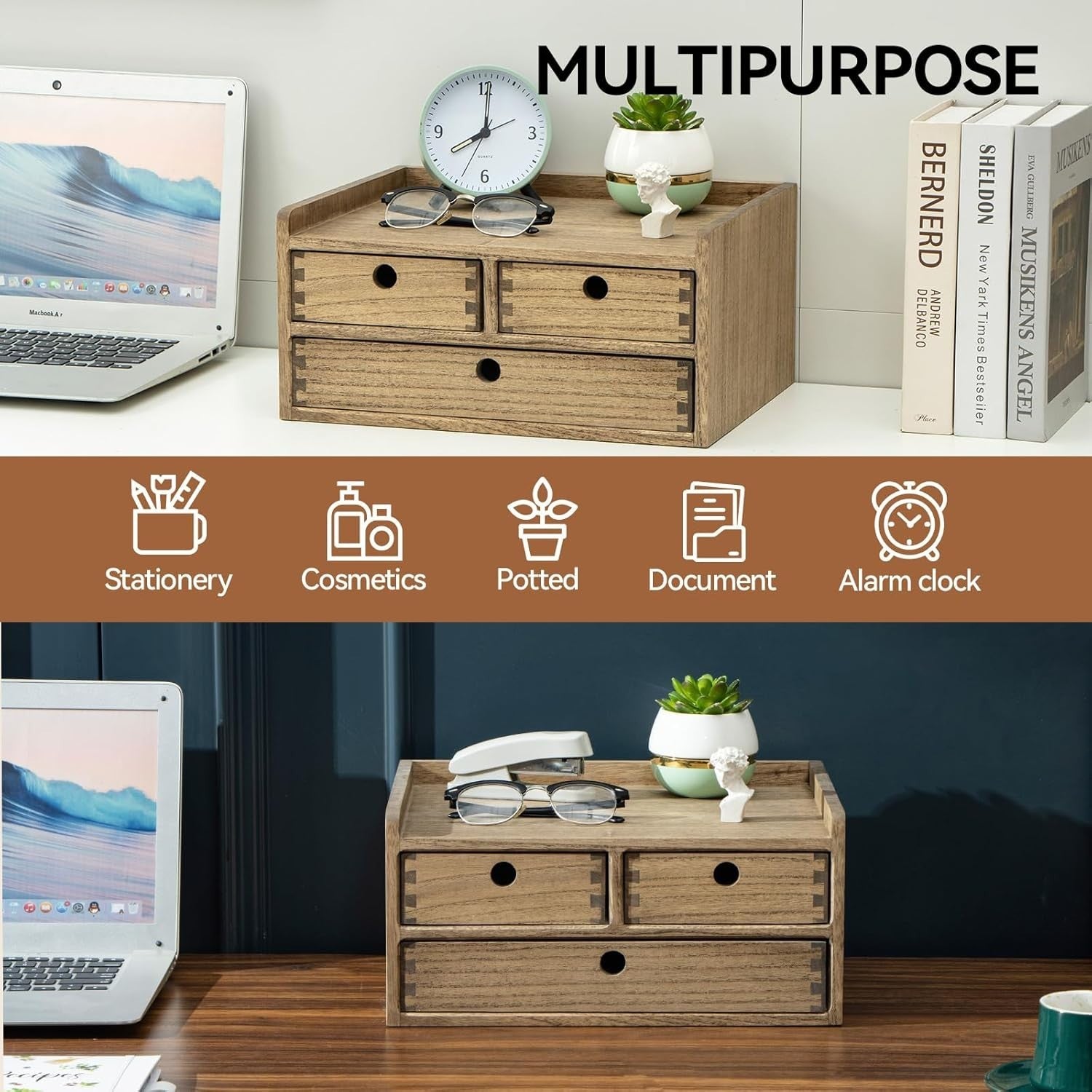 Wooden Desk Organizer with Drawers & Shelf | Home Office Storage Box