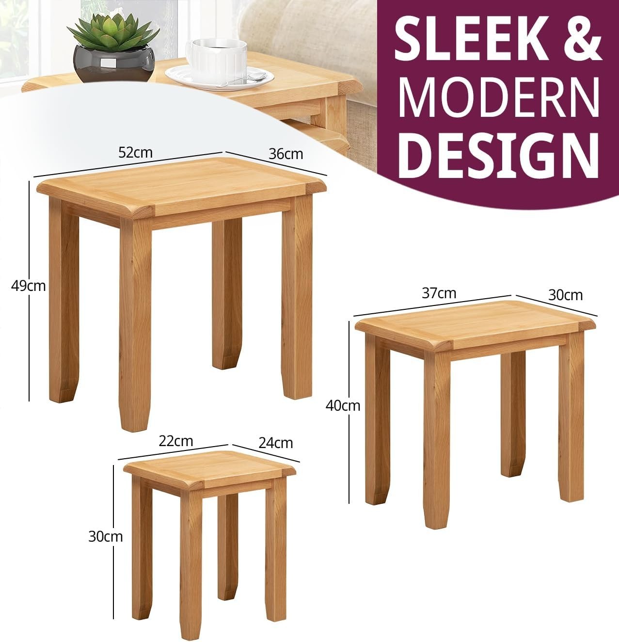 Nest of 3 Coffee Tables Solid Oak Wood Light Rustic Side End Set Space Saving
