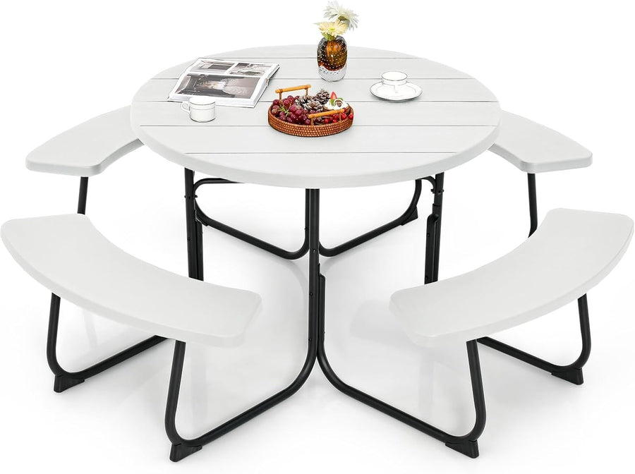 8 Seater Round Picnic Table & Bench Outdoor Dining Set with Umbrella Hole
