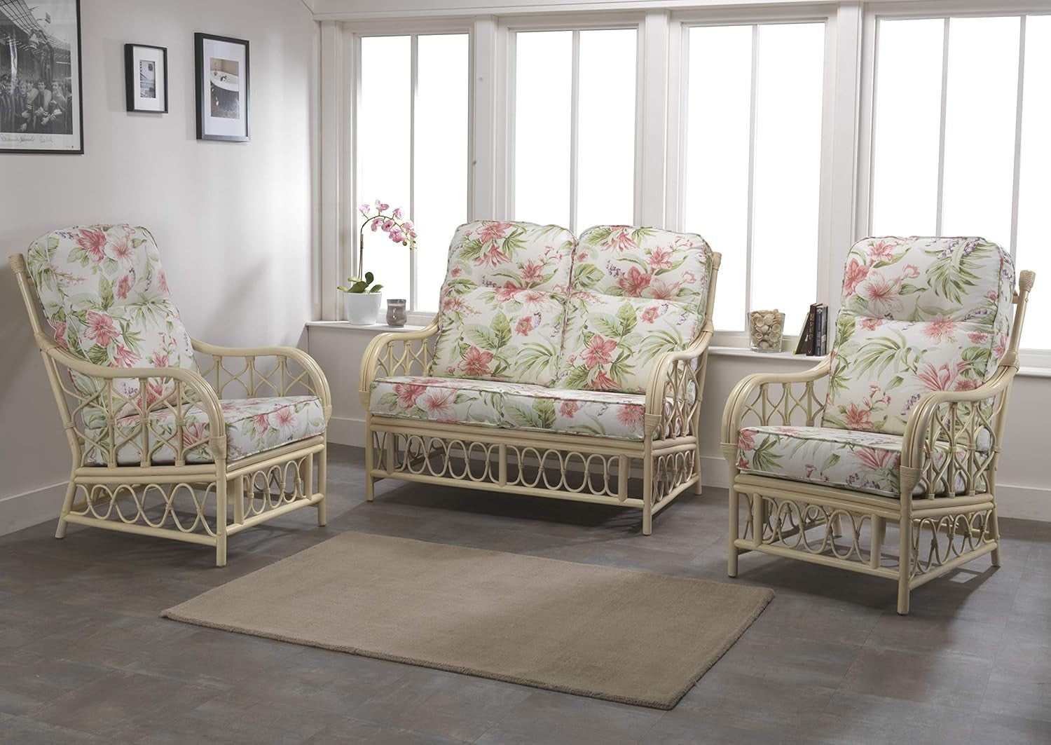 2 Seater Rattan Sofa Indoor Cane Settee with Cushions Conservatory Living Room