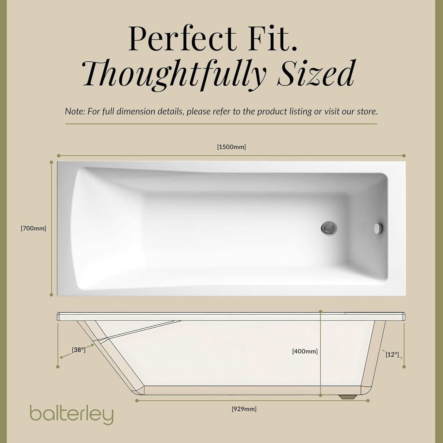 1500x700mm Single Ended Straight Bath White Acrylic Soaking Tub with Legs