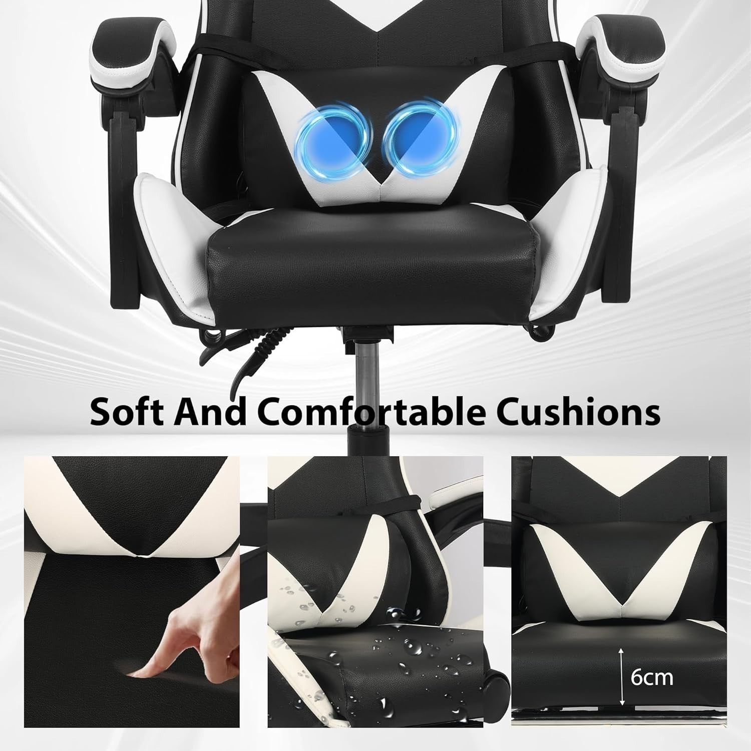 Ergonomic Gaming Chair w/Massage, High Back, Reclining, Faux Leather, Black/Whit