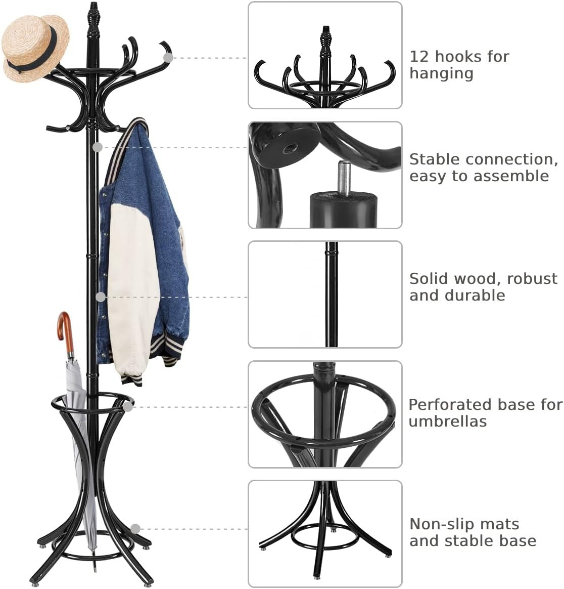 Multigot Coat Rack, Wooden Hat Clothes Hall Tree Hanger with Umbrella Holder and