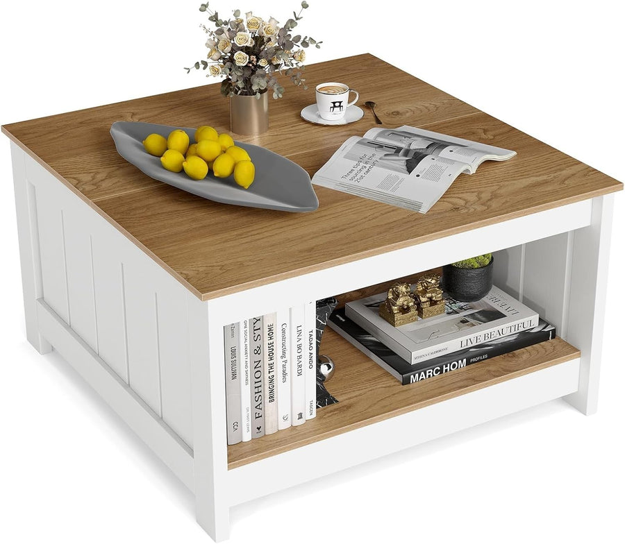 2-Tier Square Coffee Table with Storage Shelf Farmhouse Rustic 80x80x45cm