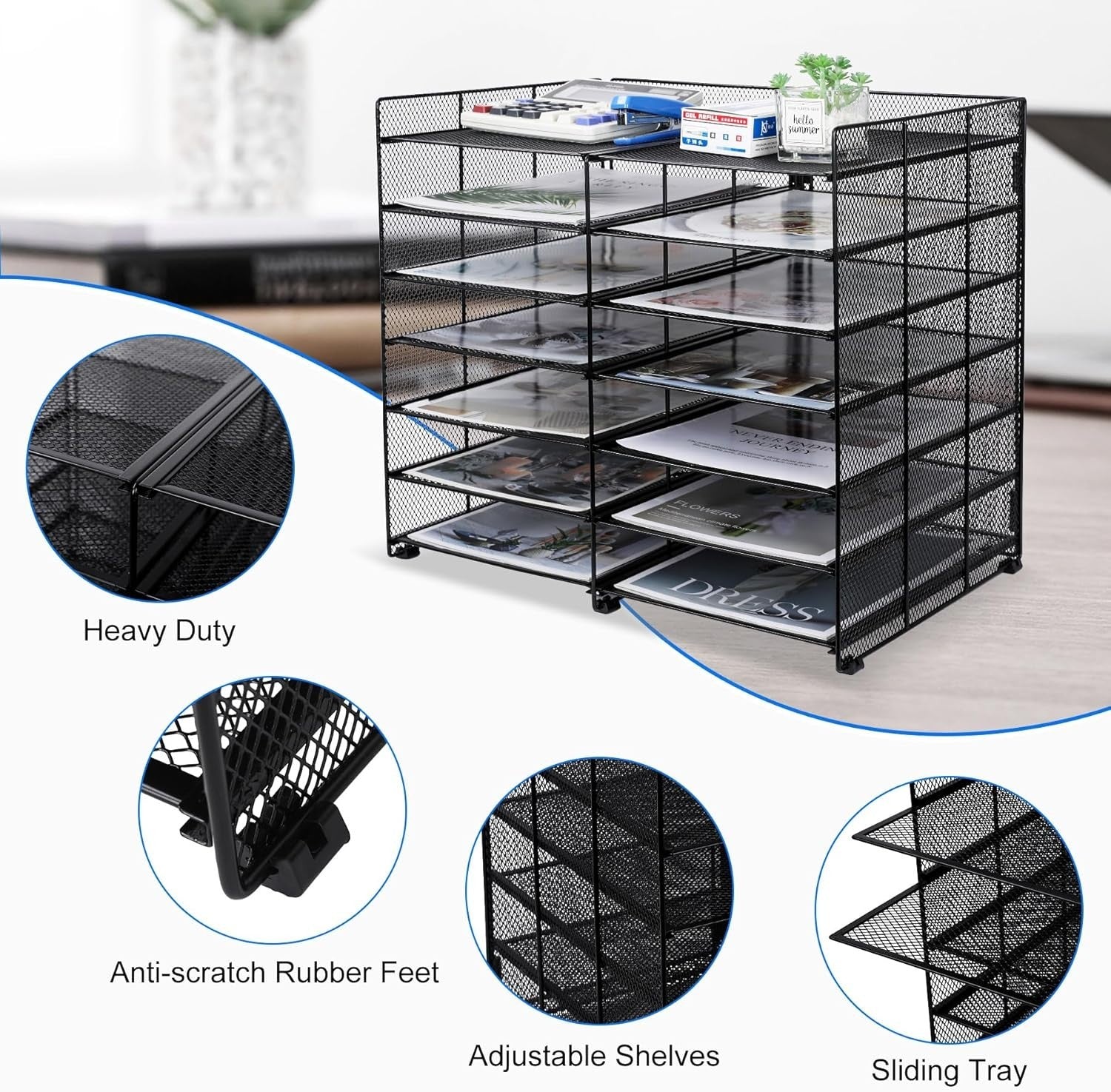 7-Tier Adjustable Mesh Desk Organiser, 12 Compartment File & Letter Tray Rack, B