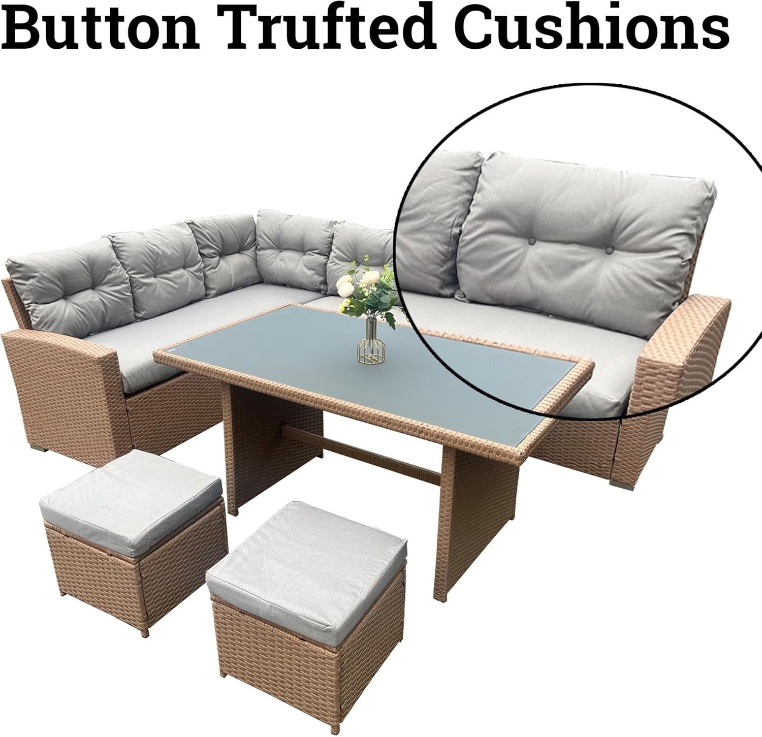 7 Seat Rattan Corner Sofa Dining Set w/ Cushions, Table & Footstools Outdoor