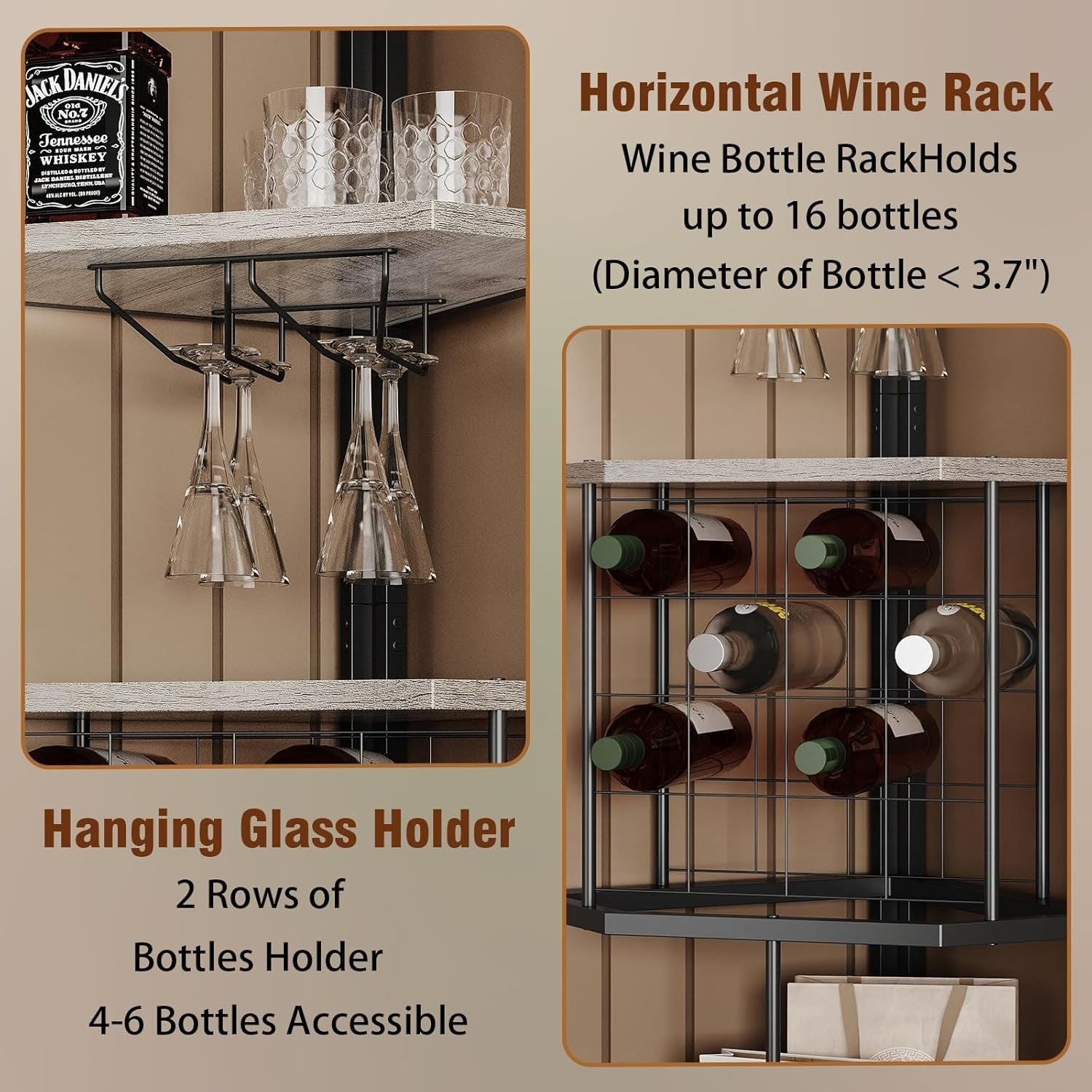 5-Tier Corner Wine Rack with Glass Holder Grey Bottle Storage Home Bar Shelf