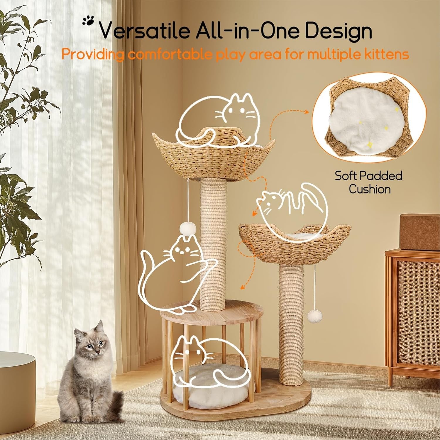Wooden Cat Tree Tower 3 Tier Plush Condo Sisal Scratch Post Indoor Climber